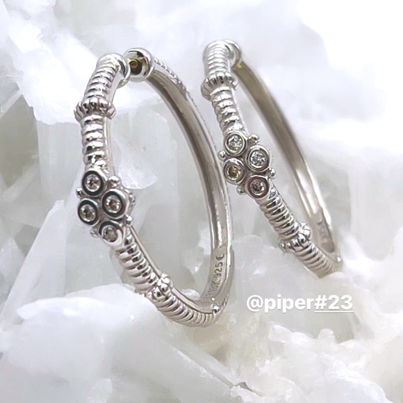 Judith Ripka JR TWO Sterling Silver 18K Gold Diamond Floral Hoop Earrings - Picture 6 of 10